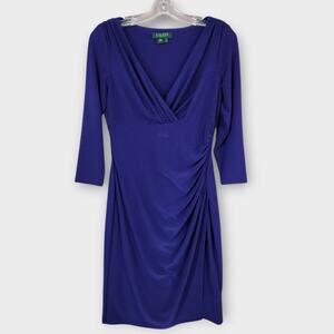 Lauren Ralph Lauren Dress Women's 8p Purple 3/4 Sleeve Ruched V-Neck Stretch